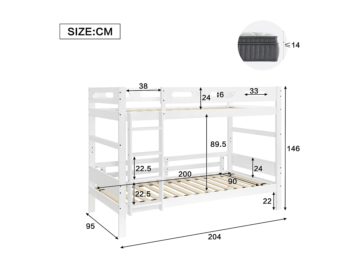Children's bunk bed 90x200 cm - with ladder and safety rail - solid wood + MDF + plywood - white (without mattress)