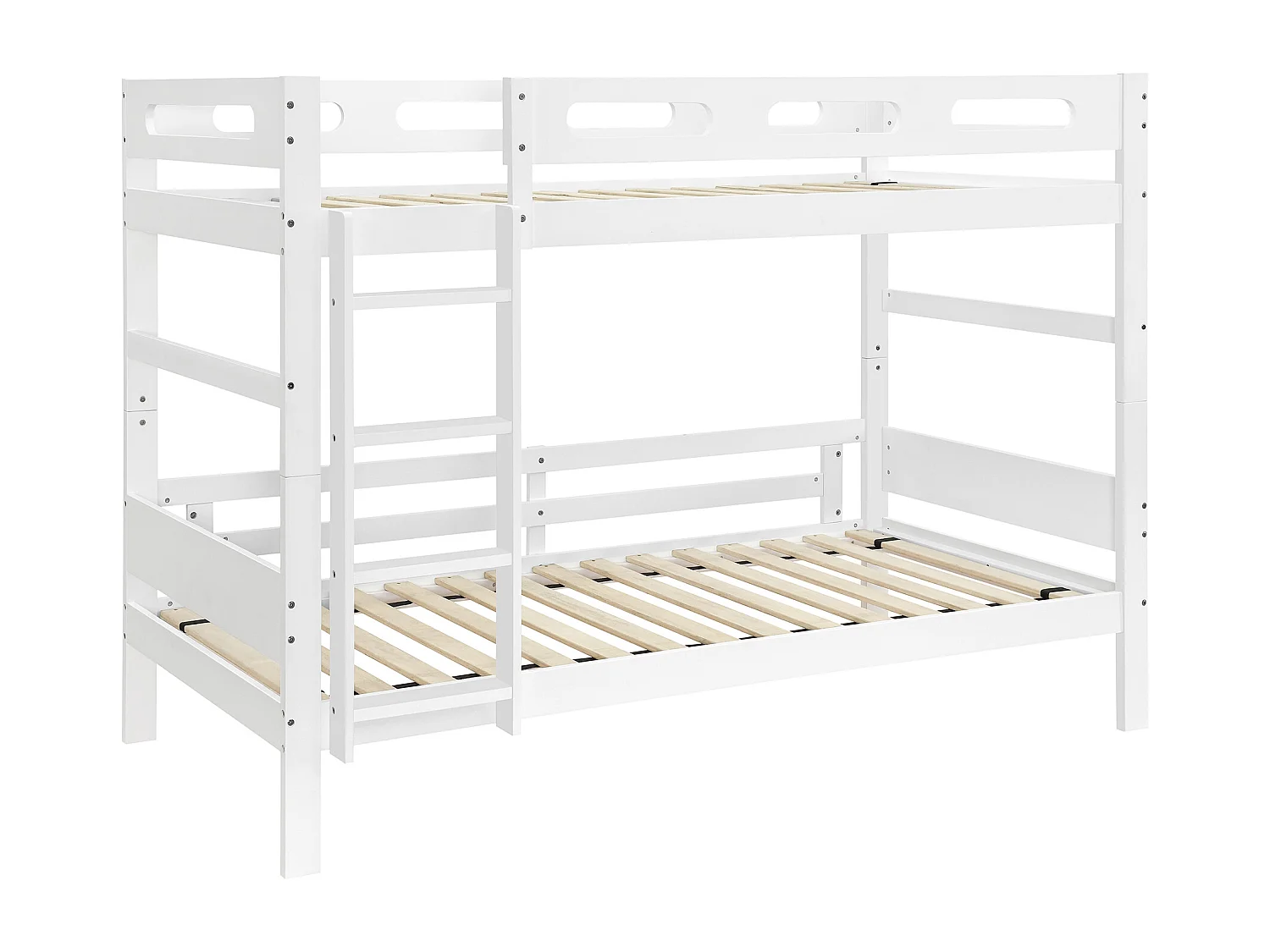 Children's bunk bed 90x200 cm - with ladder and safety rail - solid wood + MDF + plywood - white (without mattress)