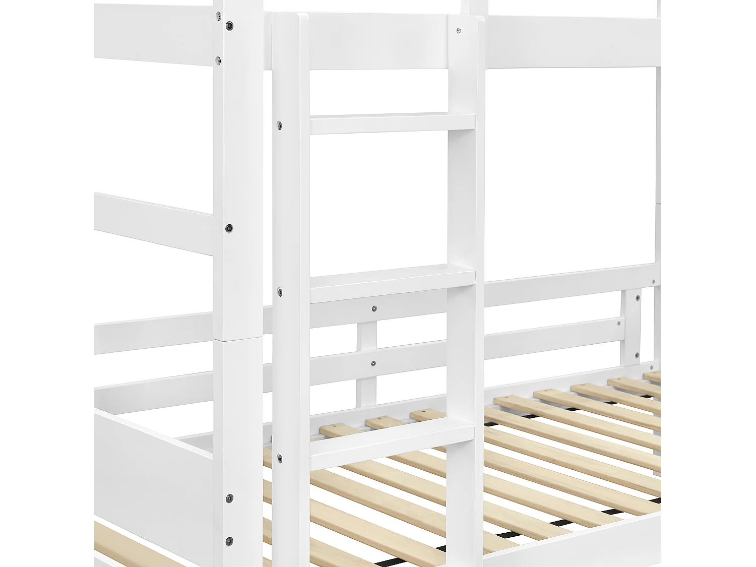 Children's bunk bed 90x200 cm - with ladder and safety rail - solid wood + MDF + plywood - white (without mattress)