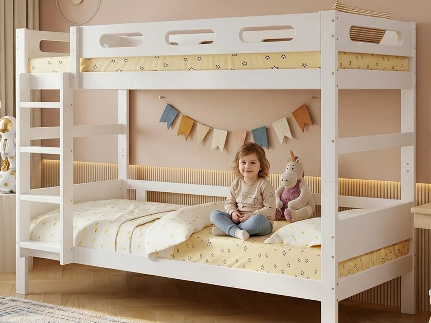 Children's bunk bed 90x200 cm - with ladder and safety rail - solid wood + MDF + plywood - white (without mattress)