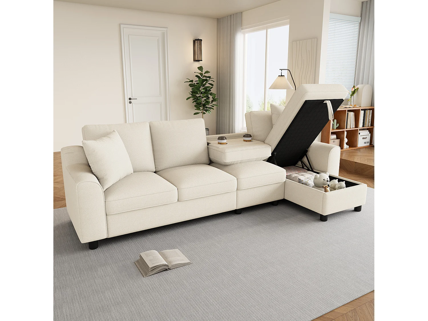 Canapé d'angle moderne en chenille beige - avec espace de rangement - dossier rabattable - avec porte-gobelet - Beige