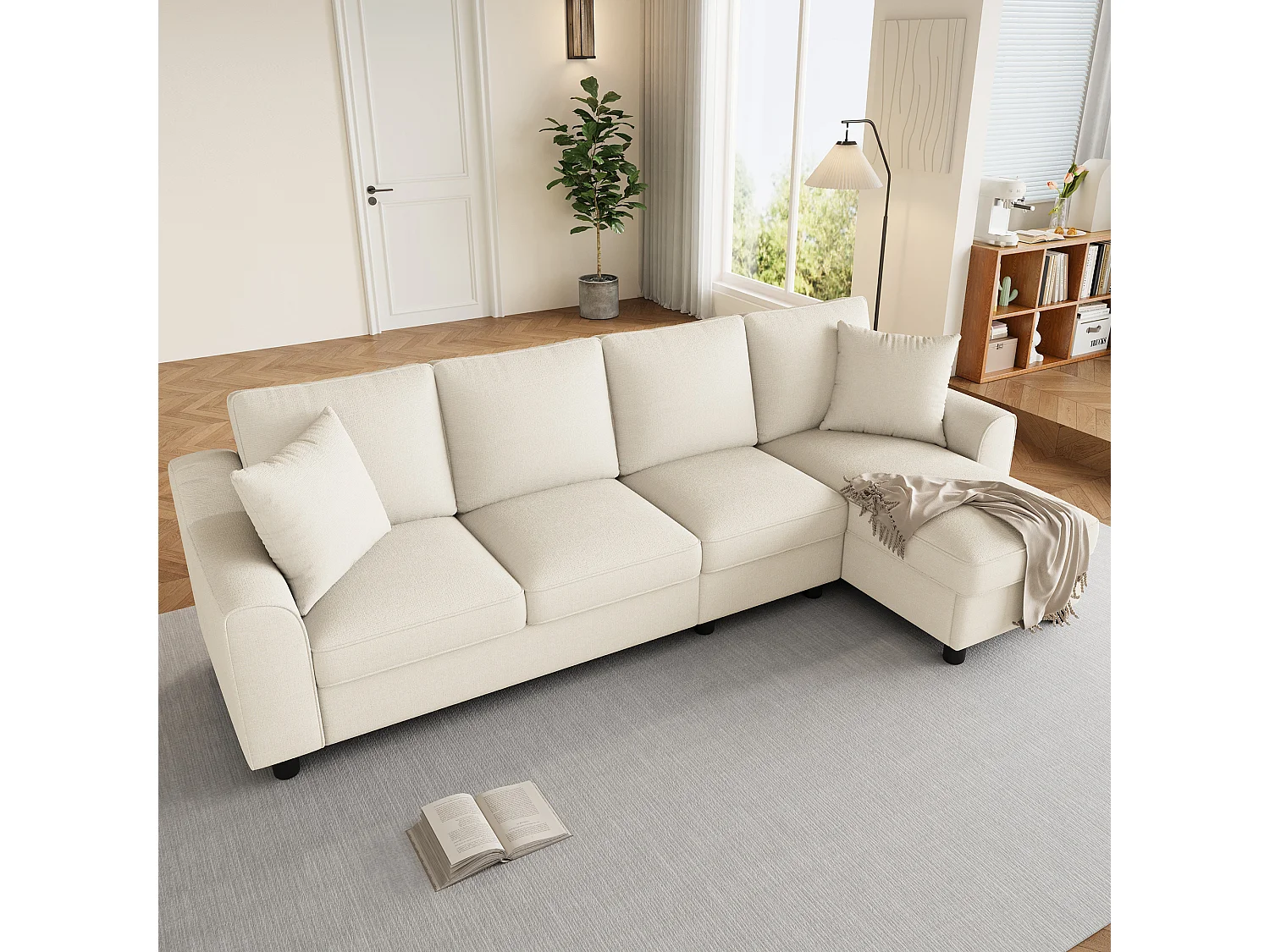 Canapé d'angle moderne en chenille beige - avec espace de rangement - dossier rabattable - avec porte-gobelet - Beige