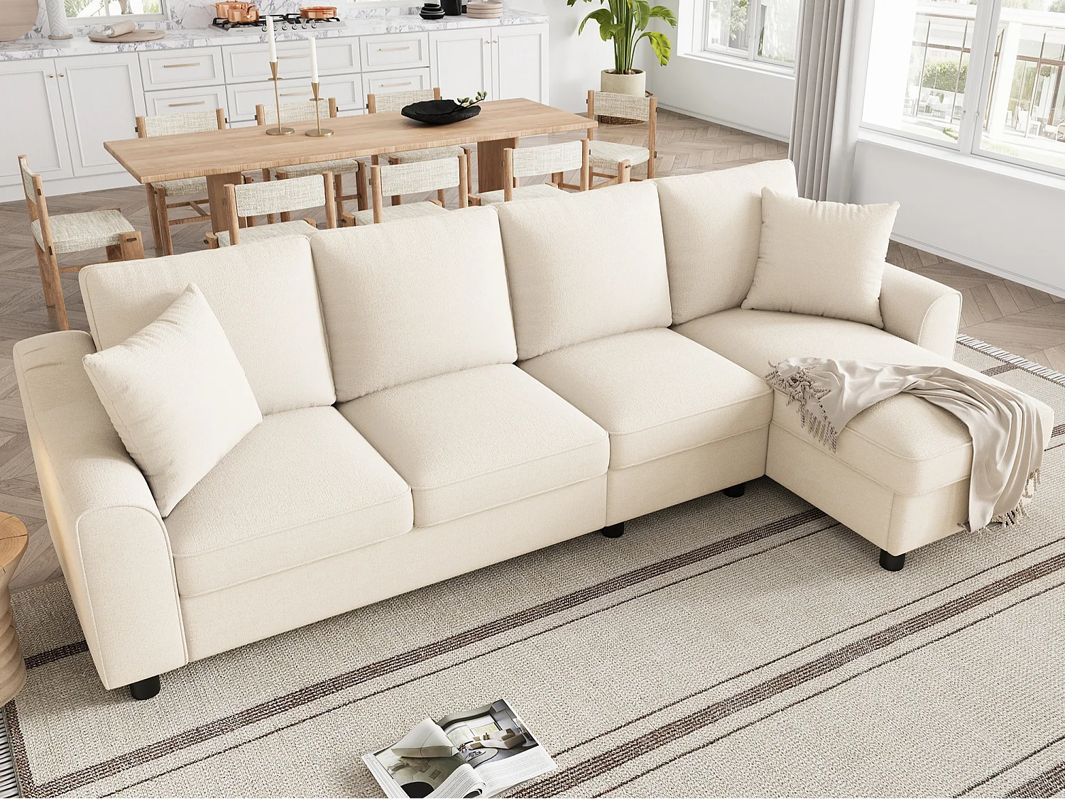 Canapé d'angle moderne en chenille beige - avec espace de rangement - dossier rabattable - avec porte-gobelet - Beige