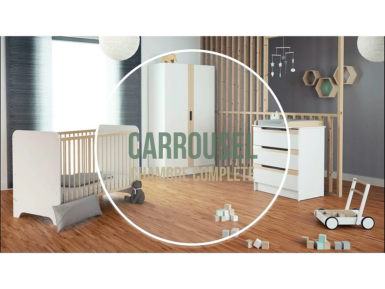 2-deurs kinderkledingkast CARROUSEL in hout Wit en Beuken 96 x 51 x 176 cm
