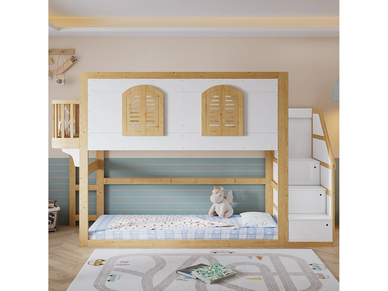Lit mezzanine enfant 90x200 cm - escalier avec rangement - conception des garde-corps et des fenêtres - bois massif + MDF - blanc + Naturel (sans matelas)