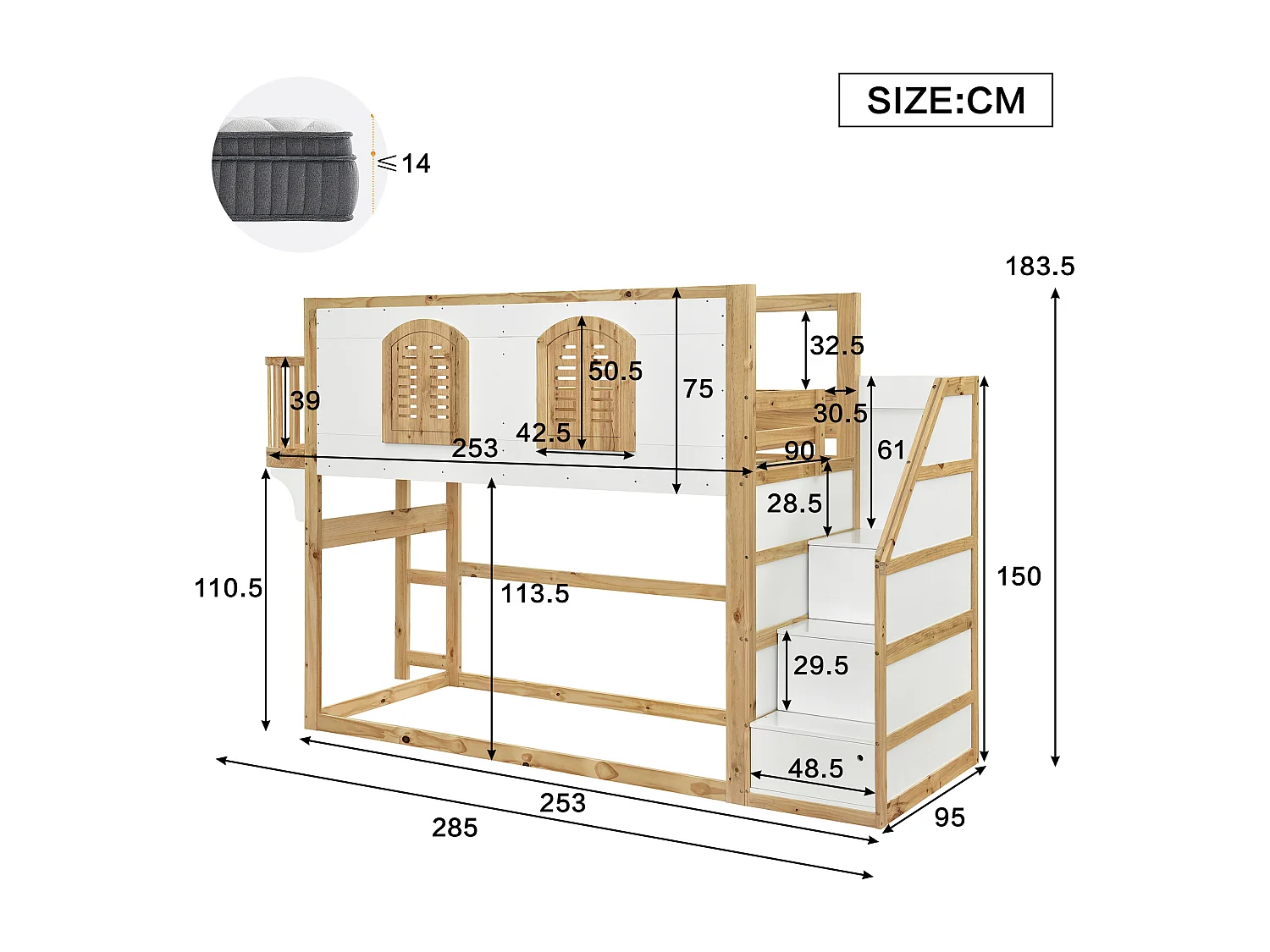 Lit mezzanine enfant 90x200 cm - escalier avec rangement - conception des garde-corps et des fenêtres - bois massif + MDF - blanc + Naturel (sans matelas)