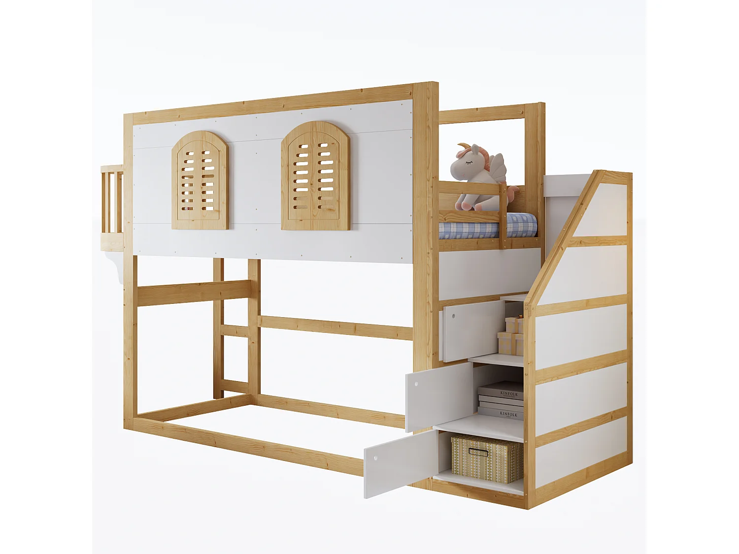 Lit mezzanine enfant 90x200 cm - escalier avec rangement - conception des garde-corps et des fenêtres - bois massif + MDF - blanc + Naturel (sans matelas)