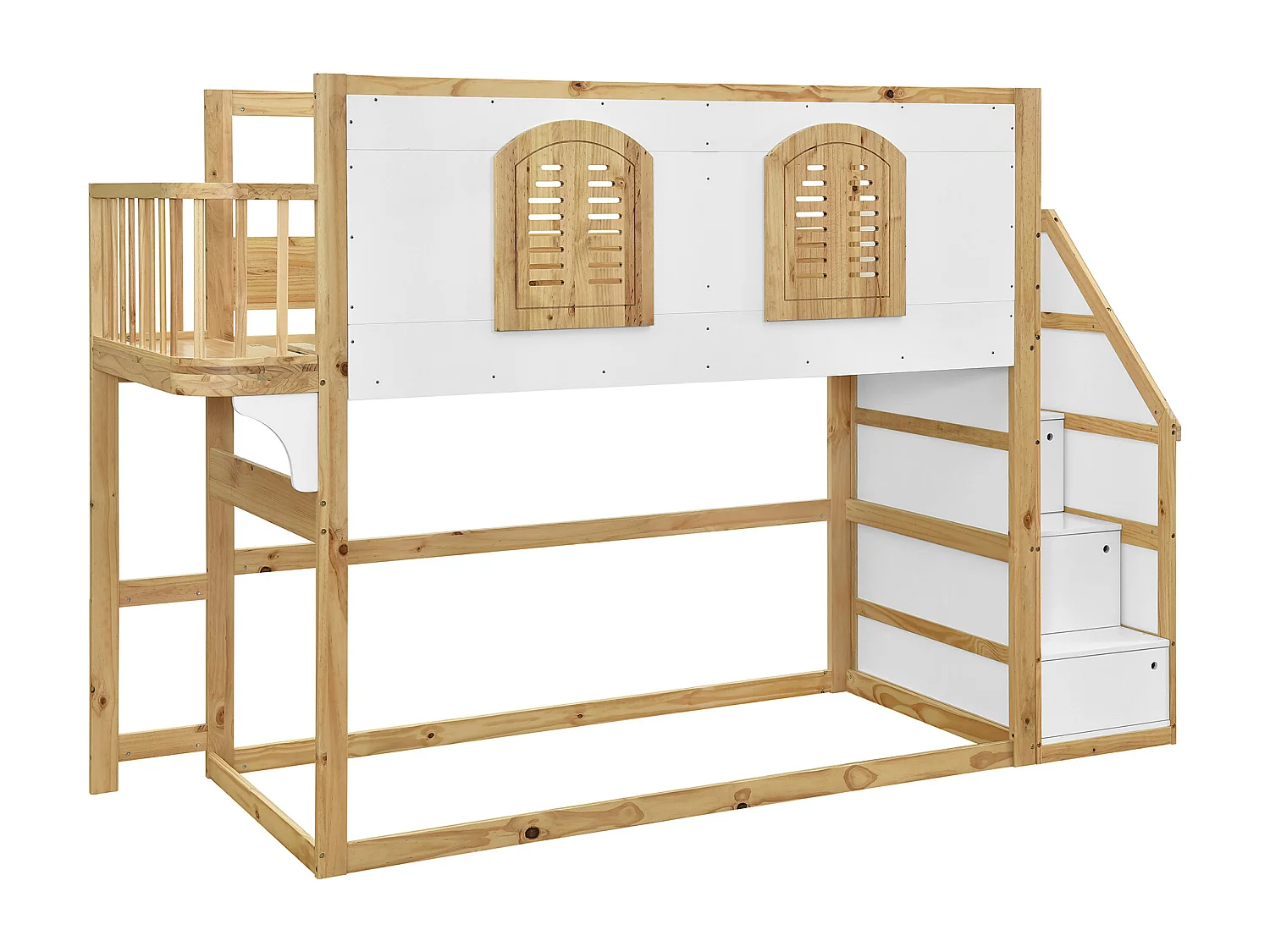 Lit mezzanine enfant 90x200 cm - escalier avec rangement - conception des garde-corps et des fenêtres - bois massif + MDF - blanc + Naturel (sans matelas)
