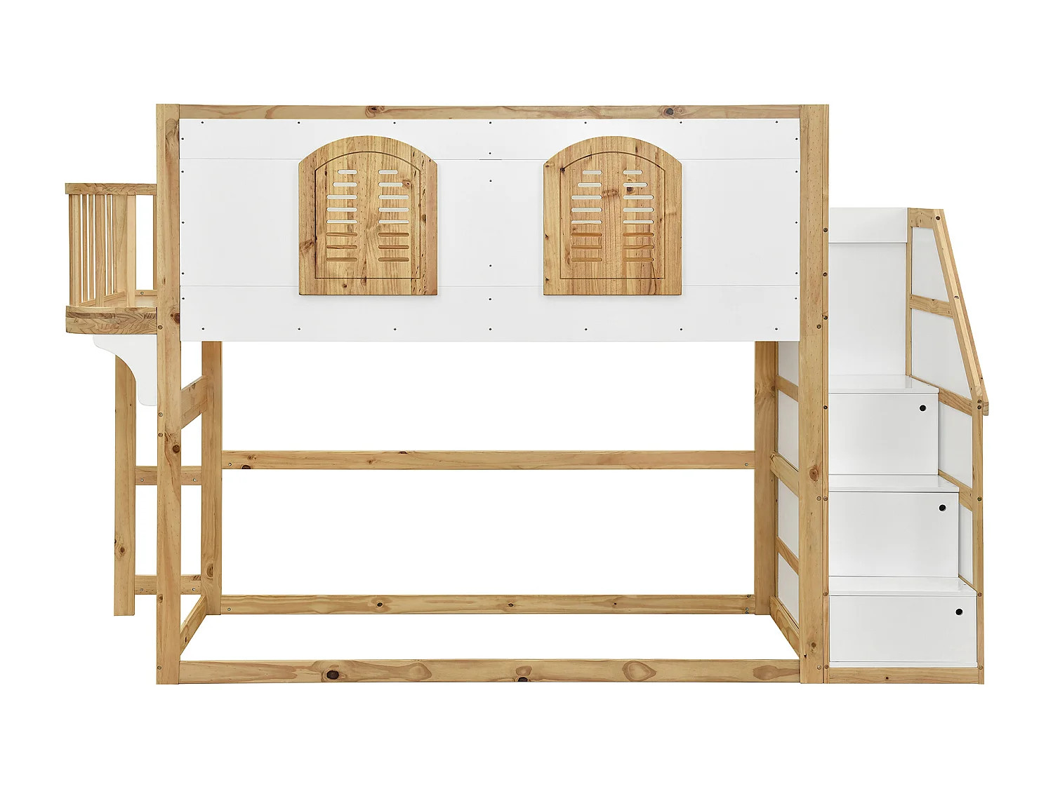 Lit mezzanine enfant 90x200 cm - escalier avec rangement - conception des garde-corps et des fenêtres - bois massif + MDF - blanc + Naturel (sans matelas)