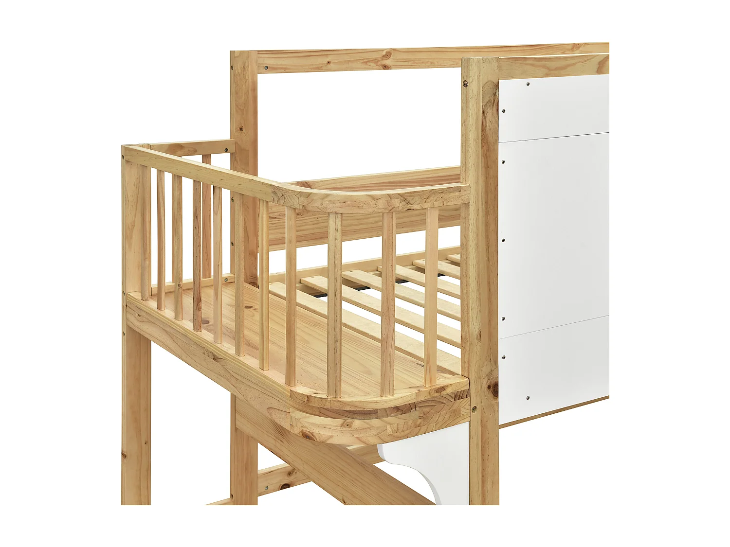 Lit mezzanine enfant 90x200 cm - escalier avec rangement - conception des garde-corps et des fenêtres - bois massif + MDF - blanc + Naturel (sans matelas)