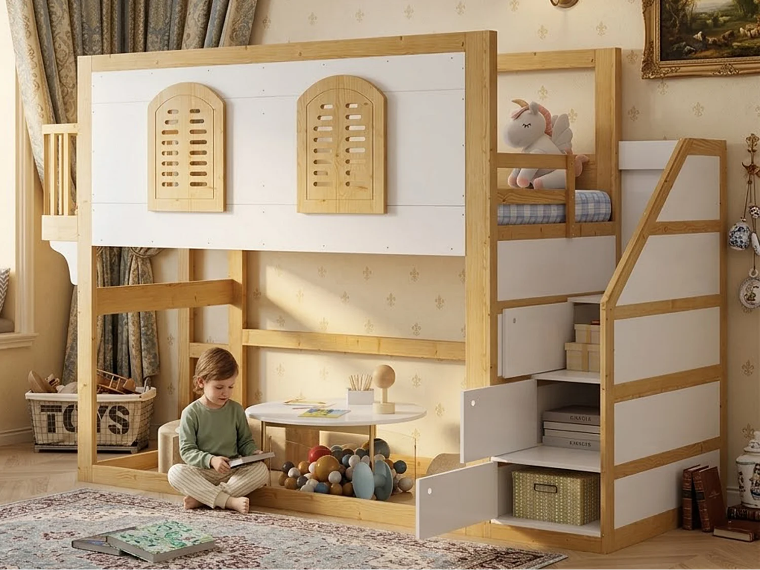 Lit mezzanine enfant 90x200 cm - escalier avec rangement - conception des garde-corps et des fenêtres - bois massif + MDF - blanc + Naturel (sans matelas)