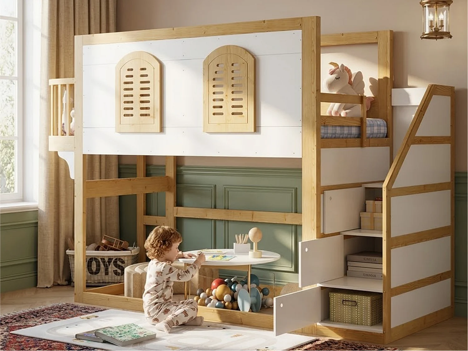 Lit mezzanine enfant 90x200 cm - escalier avec rangement - conception des garde-corps et des fenêtres - bois massif + MDF - blanc + Naturel (sans matelas)