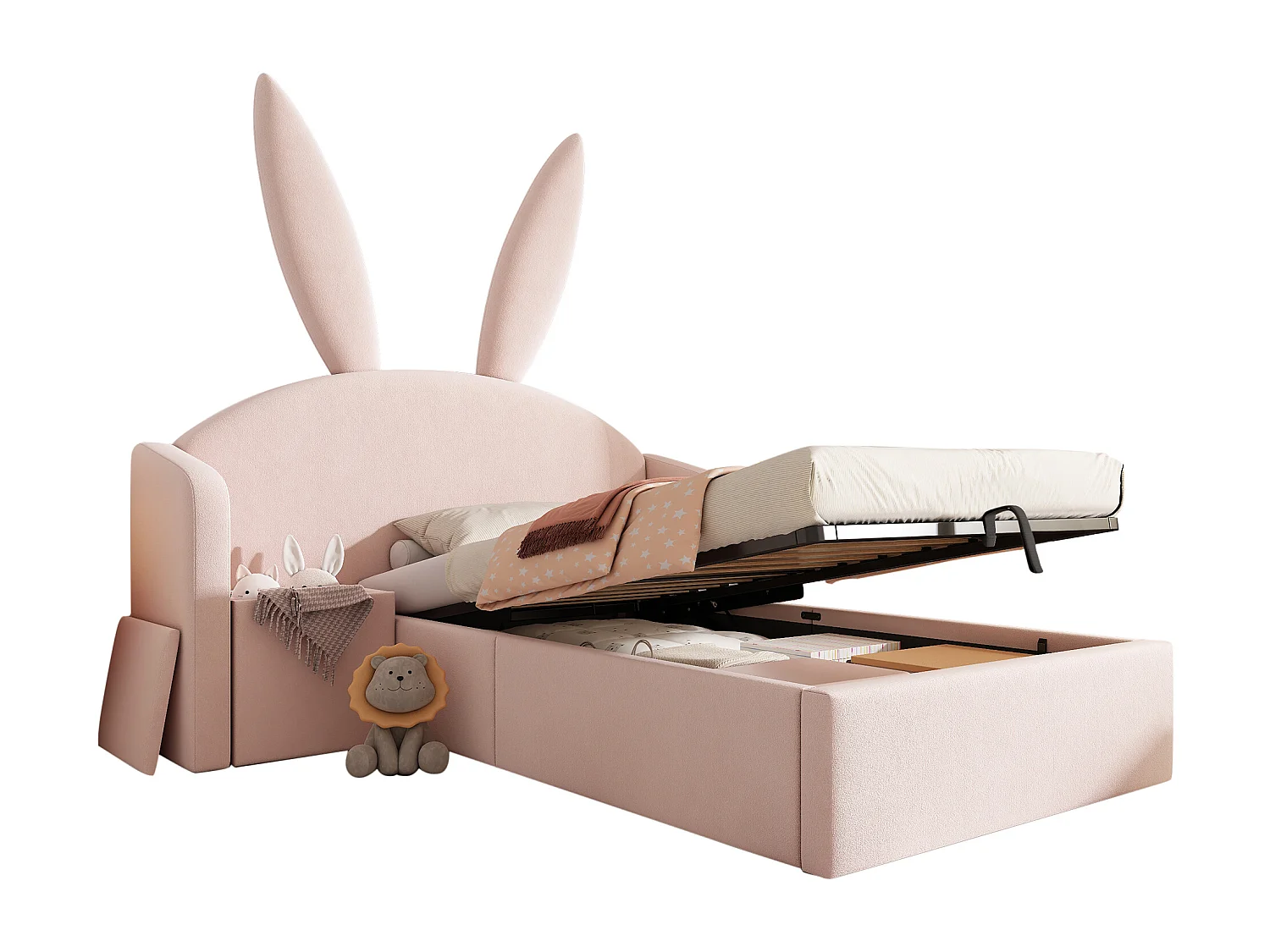 Lit coffre rembourré 90x190cm - avec table de chevet - tête de lit oreilles de lapin - velours - rose (sans matelas)