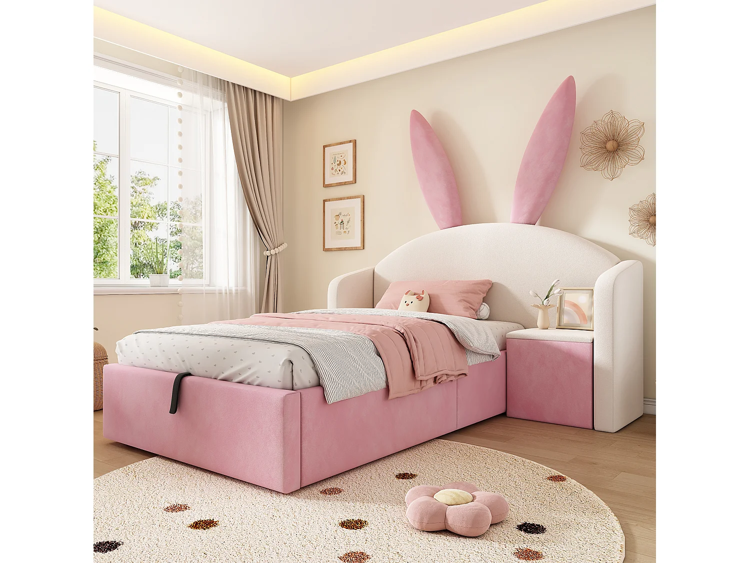 Lit coffre rembourré 90x190cm - avec table de chevet - tête de lit oreilles de lapin - velours - rose + beige (sans matelas)