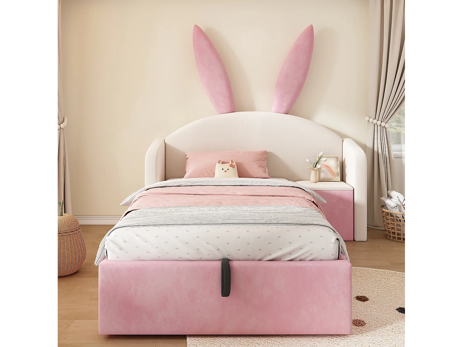 Lit coffre rembourré 90x190cm - avec table de chevet - tête de lit oreilles de lapin - velours - rose + beige (sans matelas)