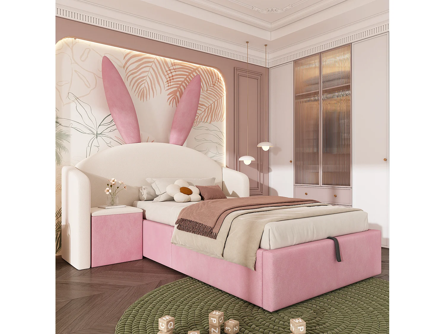 Lit coffre rembourré 90x190cm - avec table de chevet - tête de lit oreilles de lapin - velours - rose + beige (sans matelas)