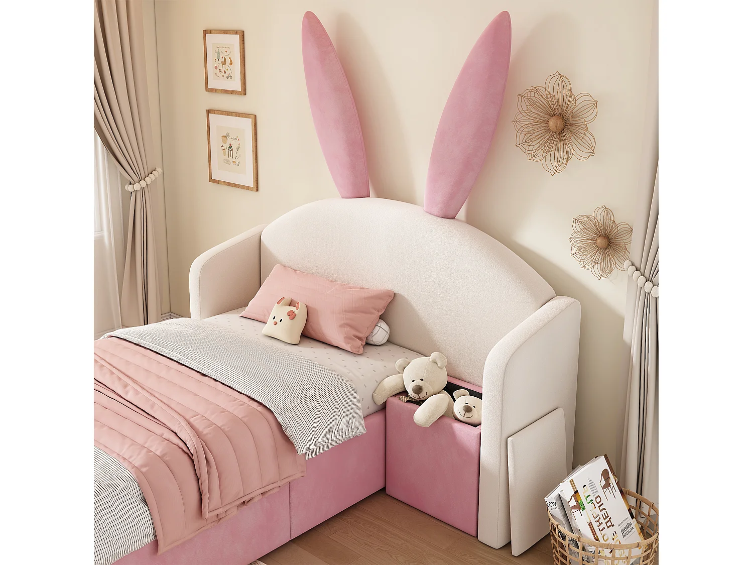 Lit coffre rembourré 90x190cm - avec table de chevet - tête de lit oreilles de lapin - velours - rose + beige (sans matelas)