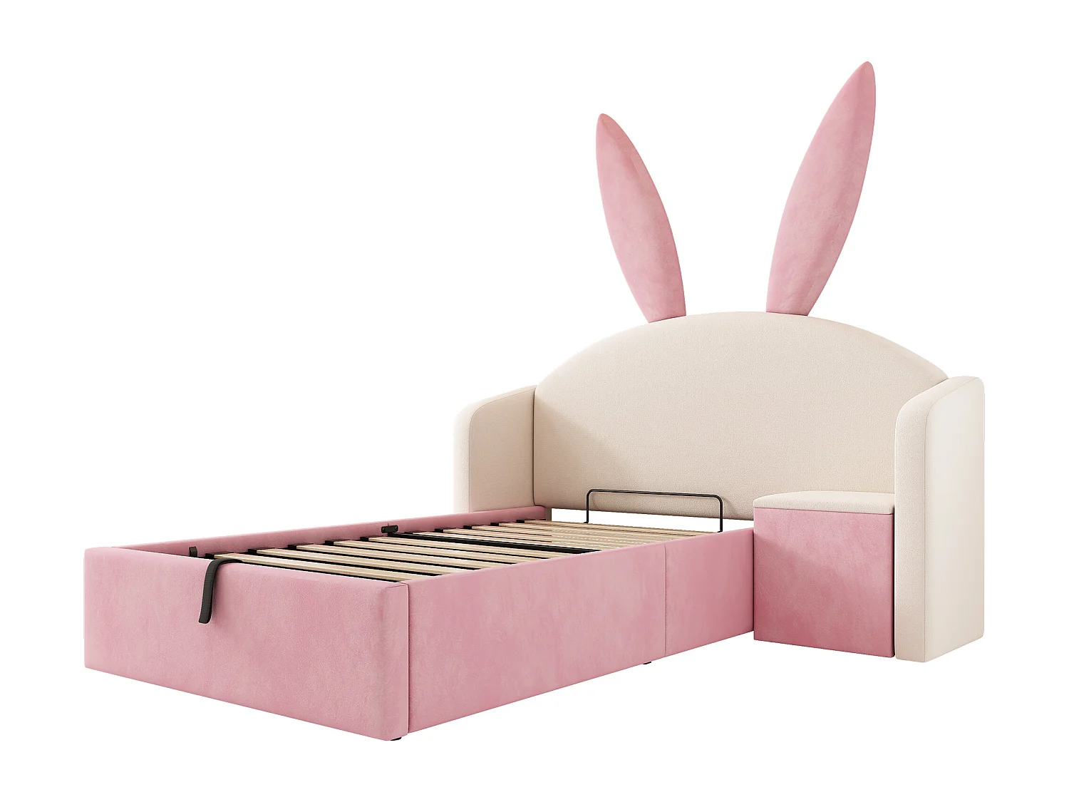 Lit coffre rembourré 90x190cm - avec table de chevet - tête de lit oreilles de lapin - velours - rose + beige (sans matelas)