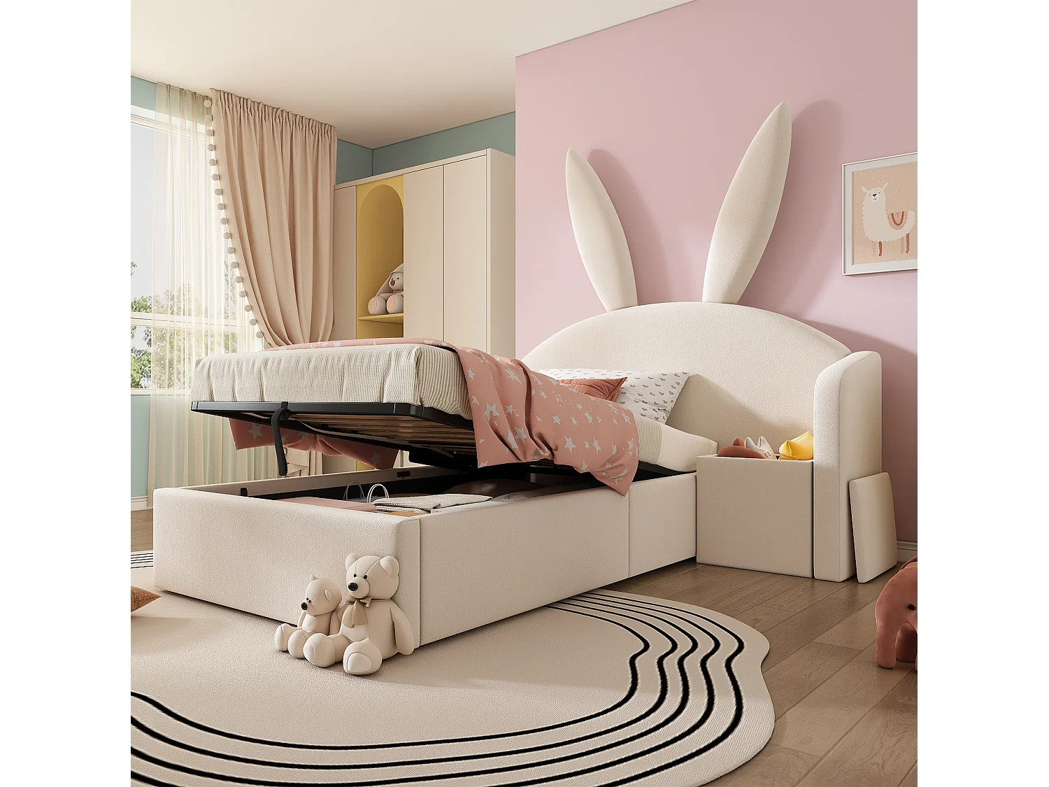 Lit coffre rembourré 90x200cm - avec table de chevet - tête de lit oreilles de lapin - velours - beige (sans matelas)