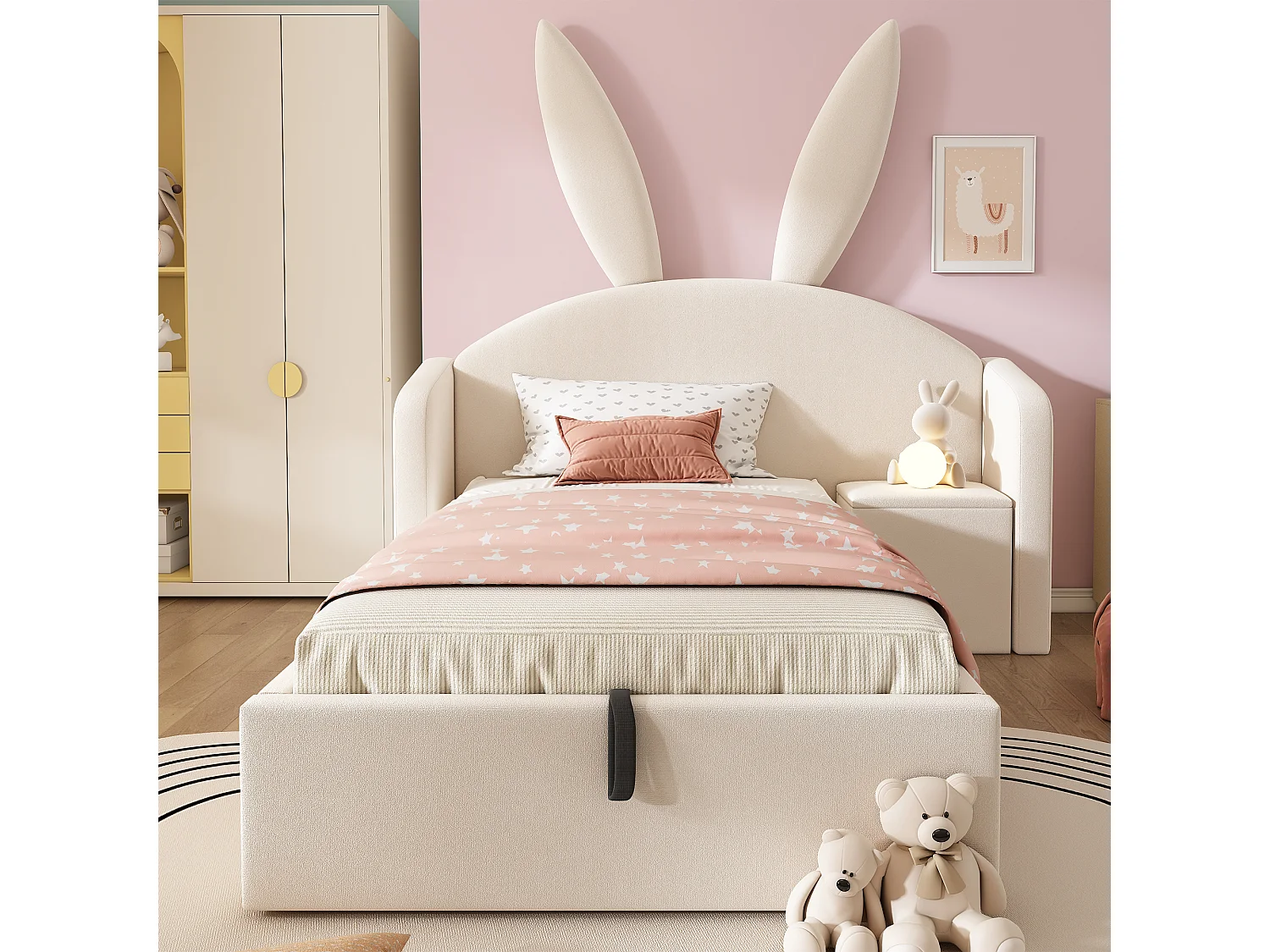 Lit coffre rembourré 90x200cm - avec table de chevet - tête de lit oreilles de lapin - velours - beige (sans matelas)