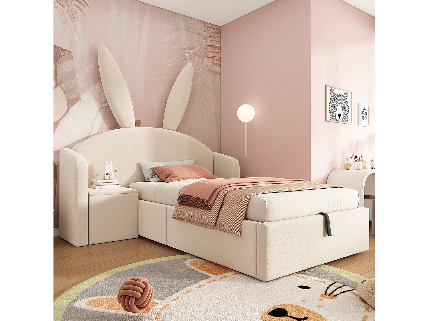 Lit coffre rembourré 90x200cm - avec table de chevet - tête de lit oreilles de lapin - velours - beige (sans matelas)