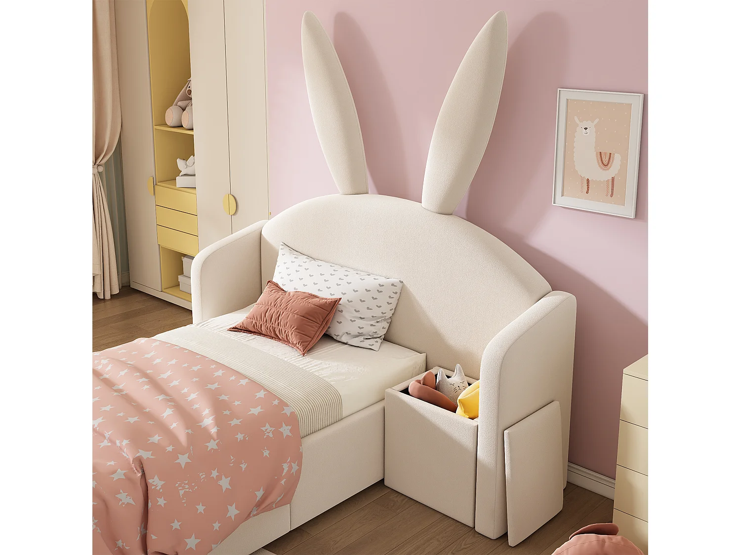 Lit coffre rembourré 90x200cm - avec table de chevet - tête de lit oreilles de lapin - velours - beige (sans matelas)