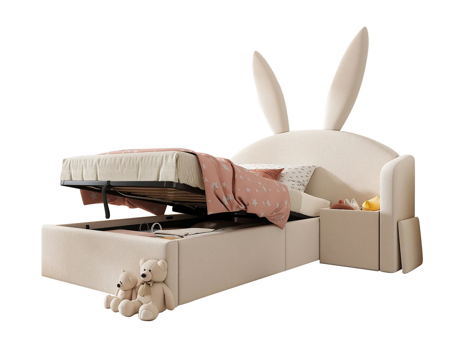 Lit coffre rembourré 90x200cm - avec table de chevet - tête de lit oreilles de lapin - velours - beige (sans matelas)
