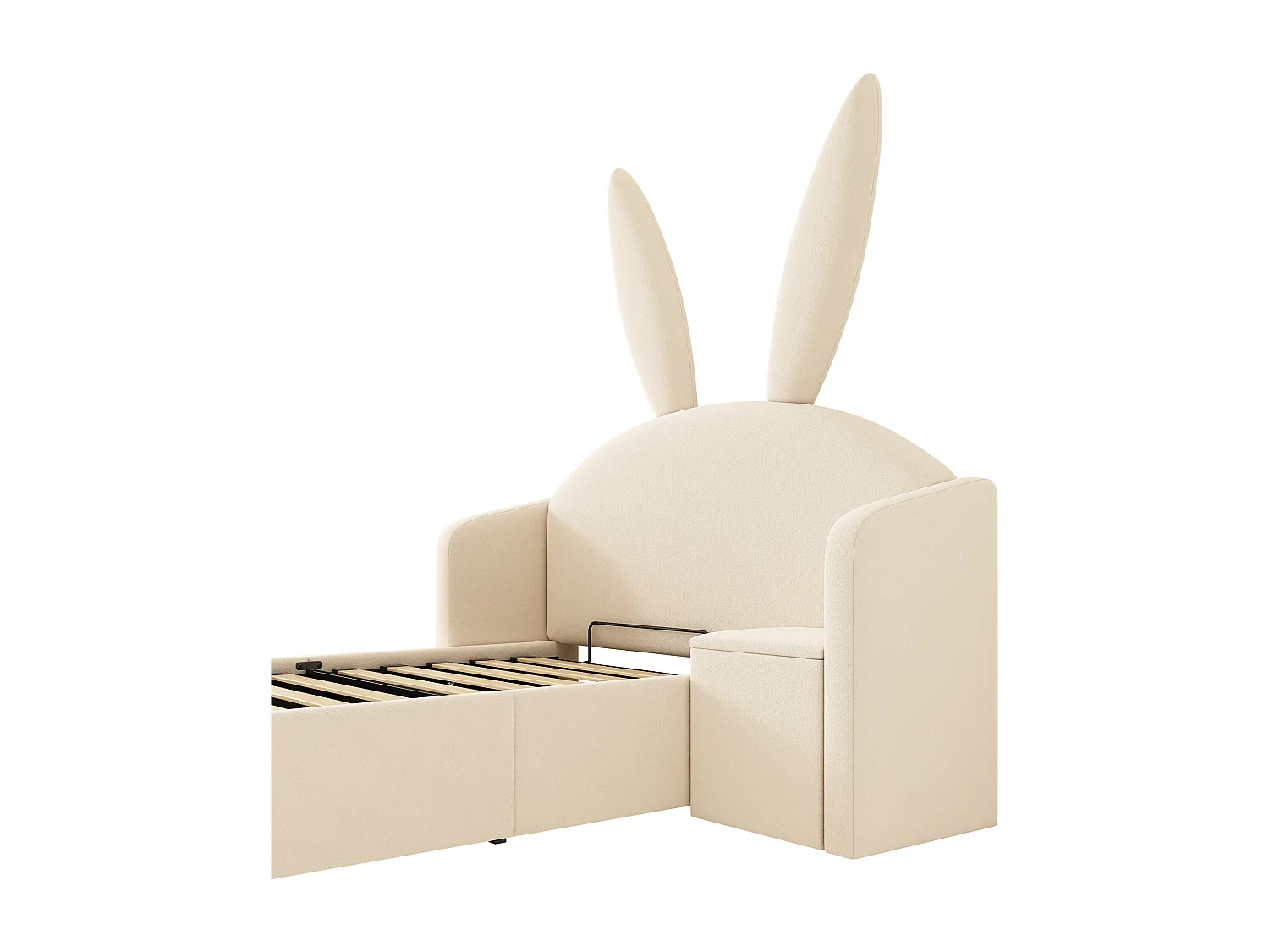 Lit coffre rembourré 90x200cm - avec table de chevet - tête de lit oreilles de lapin - velours - beige (sans matelas)