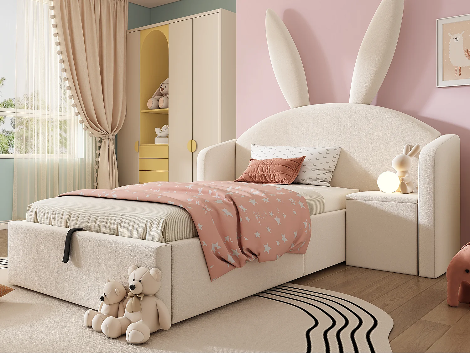 Lit coffre rembourré 90x200cm - avec table de chevet - tête de lit oreilles de lapin - velours - beige (sans matelas)