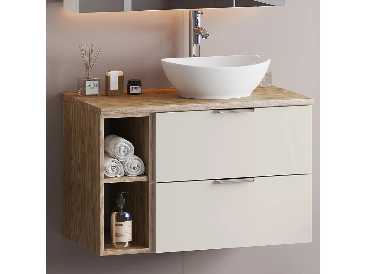 Meuble sous-vasque 80cm 2 niches plan de toilette Astrid Cachemire et bois