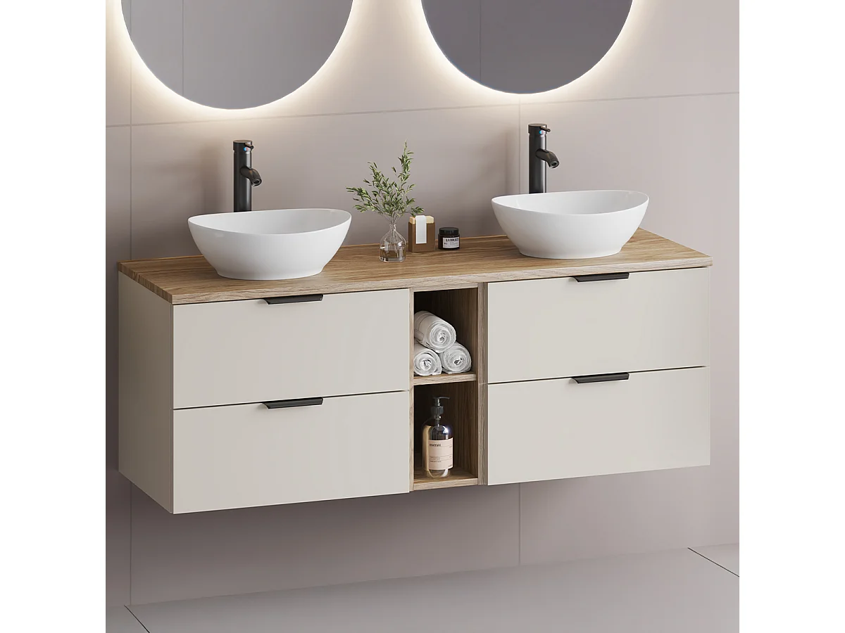 Meuble sous-vasque 140cm 2 niches plan de toilette Astrid Cachemire et bois