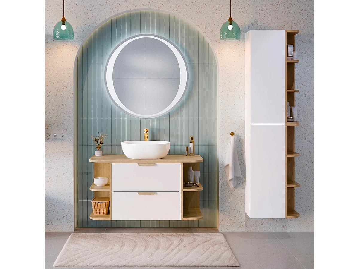 Meuble sous-vasque 100cm niches arrondies plan de toilette Oria Blanc mat