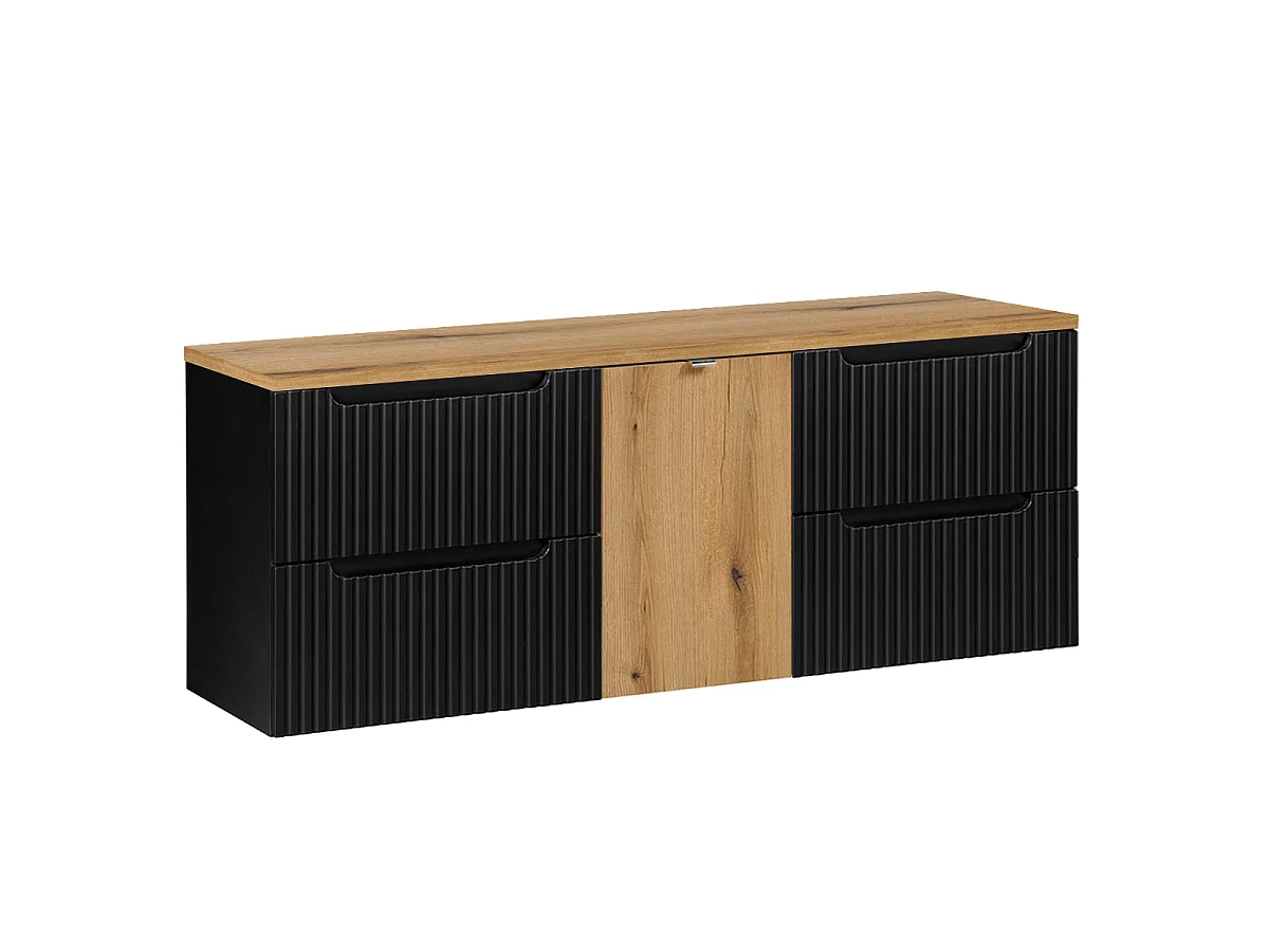 Waschbeckenunterschrank 160cm Wäschekorb Riva Schwarz und Holz