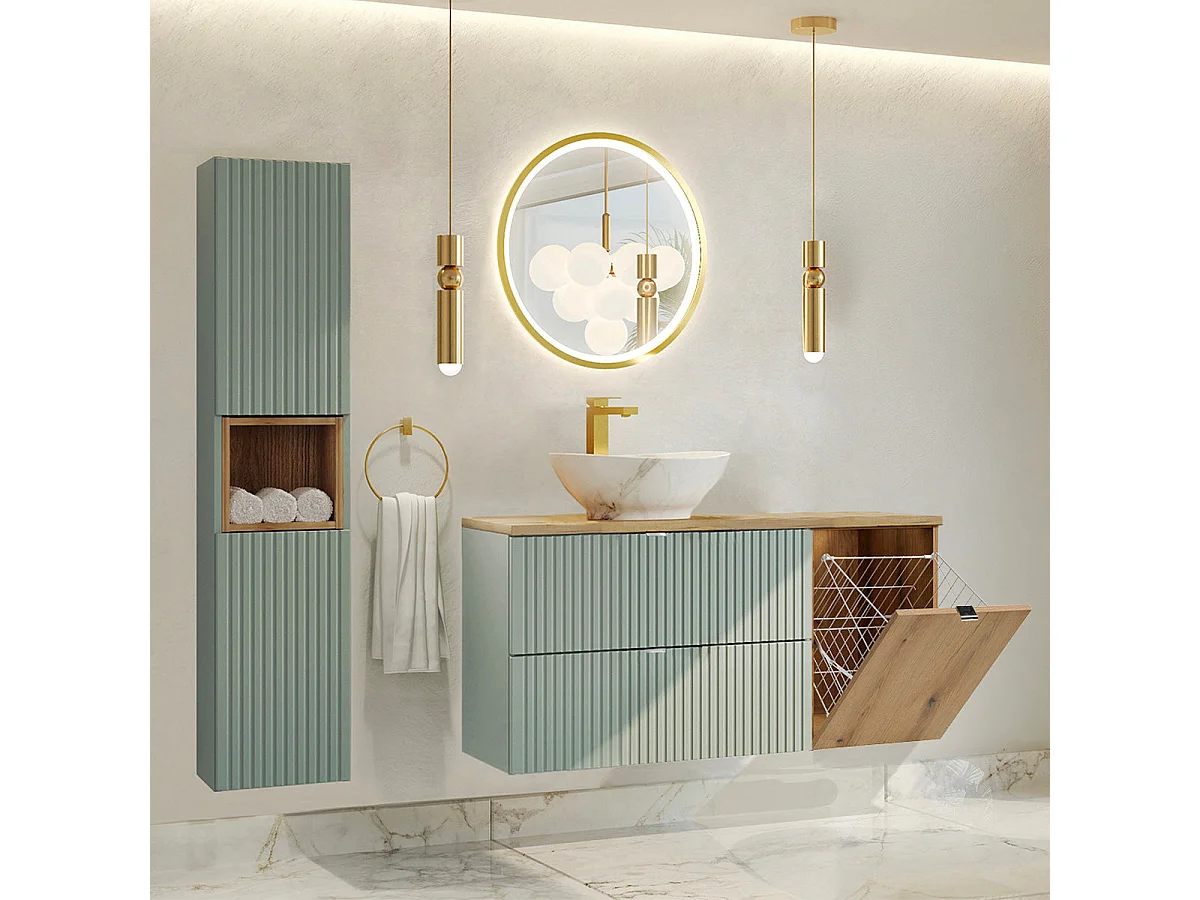 Mobile sottolavabo 120cm cesto portabiancheria Verde Giada e Legno