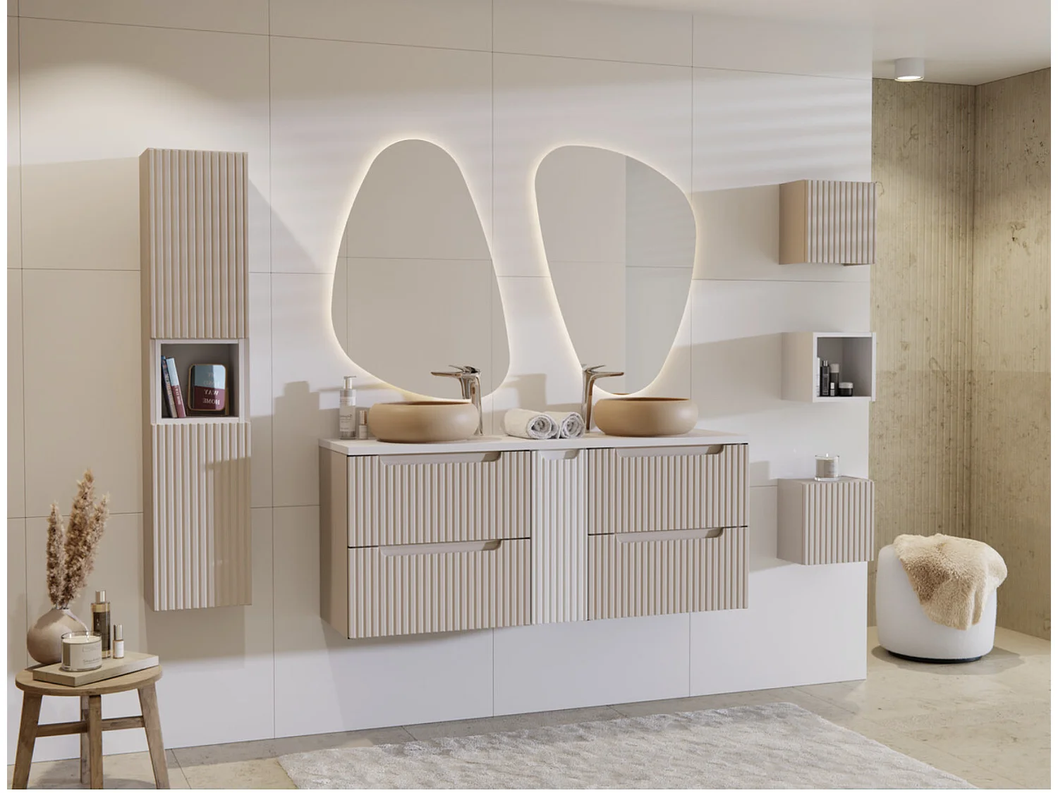 Set di mobili Nova Cashmere 80 cm con piano per lavabo e mobile laterale, frontali scanalati