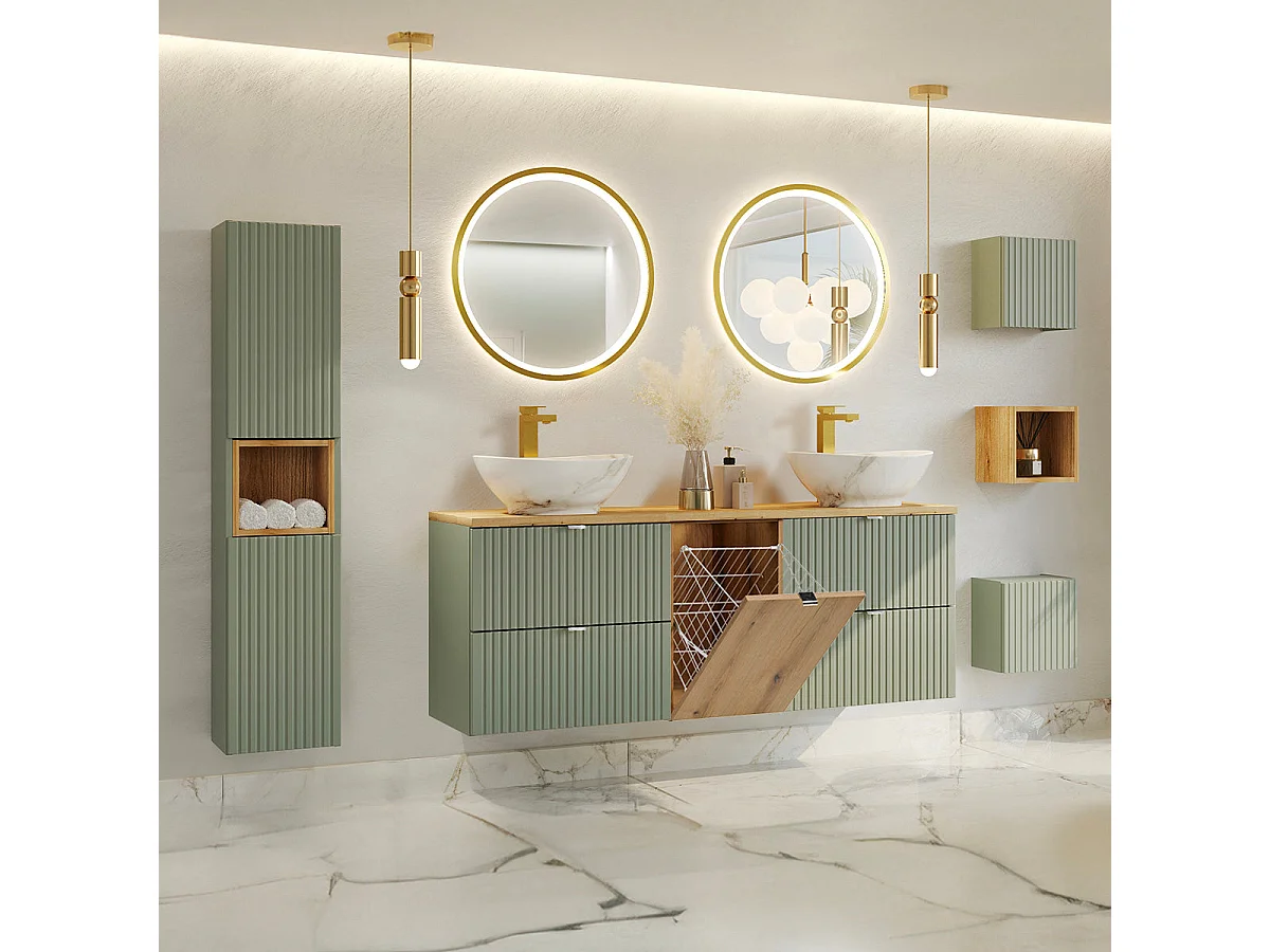 Mobile sottolavabo 160cm Verde Giada e cesto portabiancheria in legno