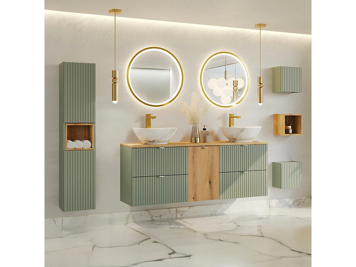 Mobile sottolavabo 160cm Verde Giada e cesto portabiancheria in legno