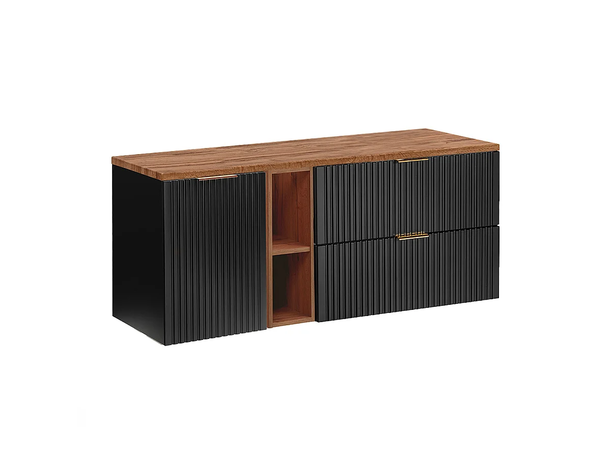 Waschtisch 140cm 2 Nischen Wäschekorb Adriel Schwarz und Holz