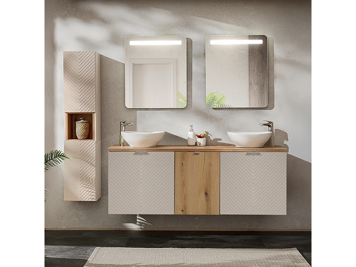 Meuble sous-vasque 160cm 4 portes panier à linge Manoa Cachemire et Bois