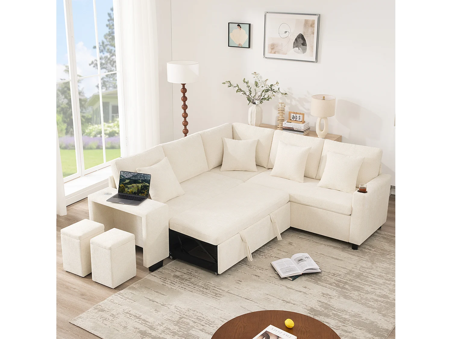 Canapé d’angle convertible 5 places en chenille beige avec coffre, USB et méridienne réversible