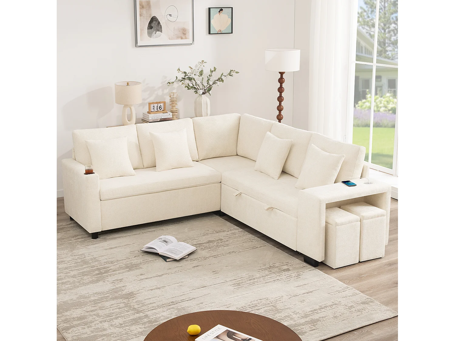 Canapé d’angle convertible 5 places en chenille beige avec coffre, USB et méridienne réversible