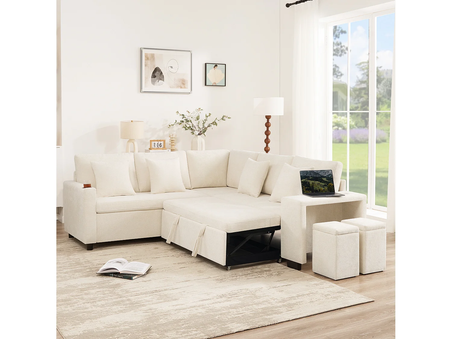 Canapé d’angle convertible 5 places en chenille beige avec coffre, USB et méridienne réversible