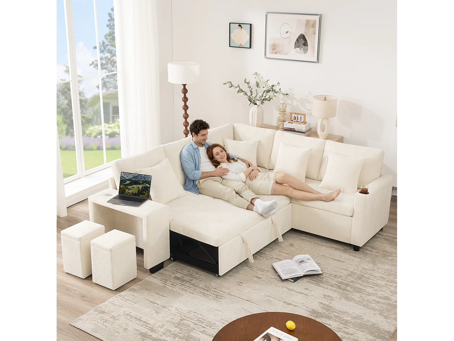 Canapé d’angle convertible 5 places en chenille beige avec coffre, USB et méridienne réversible