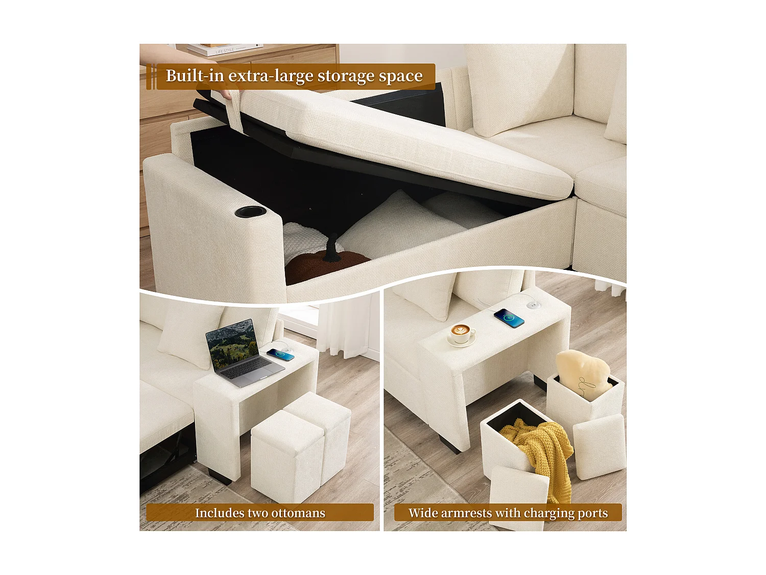 Canapé d’angle convertible 5 places en chenille beige avec coffre, USB et méridienne réversible