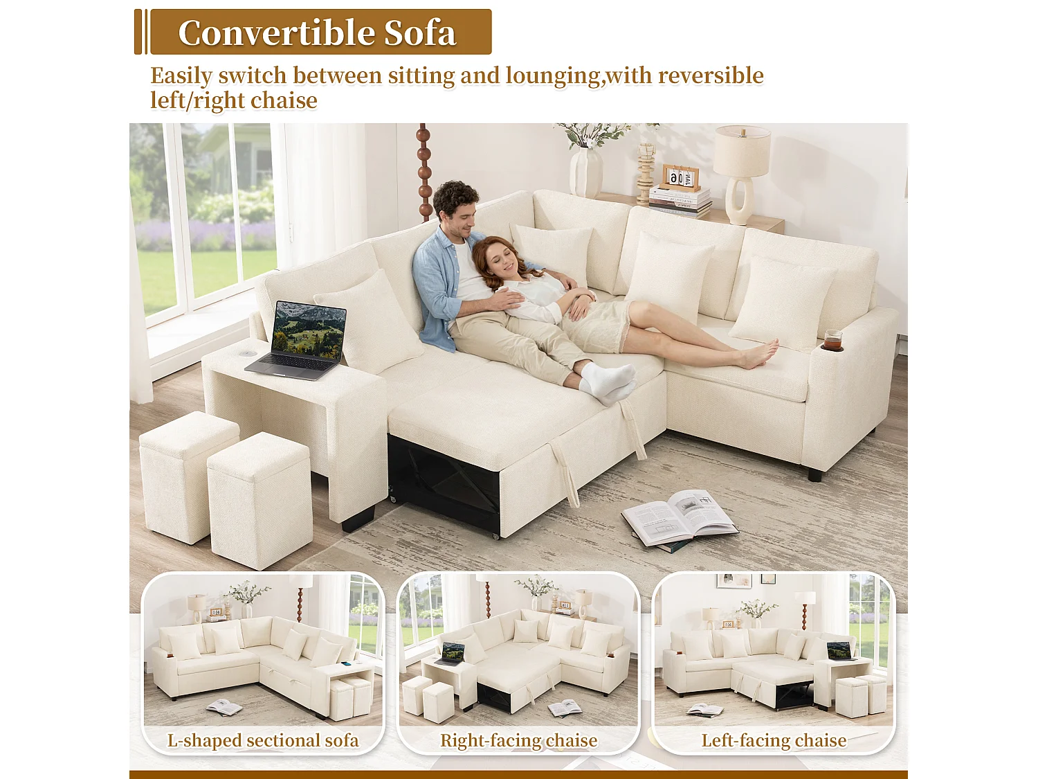 Canapé d’angle convertible 5 places en chenille beige avec coffre, USB et méridienne réversible