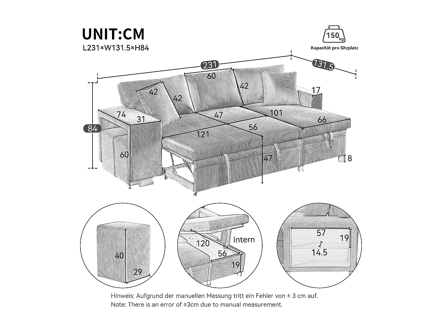 Canapé d’angle réversible convertible 3-4 places 231 cm en velours côtelé gris foncé - coffre et USB/USB-C