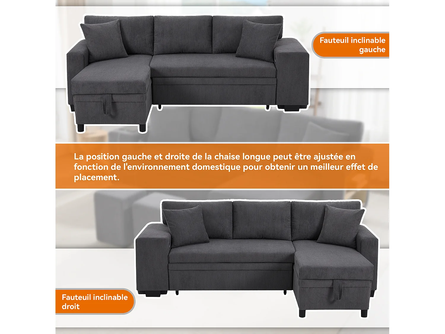 Canapé d’angle réversible convertible 3-4 places 231 cm en velours côtelé gris foncé - coffre et USB/USB-C