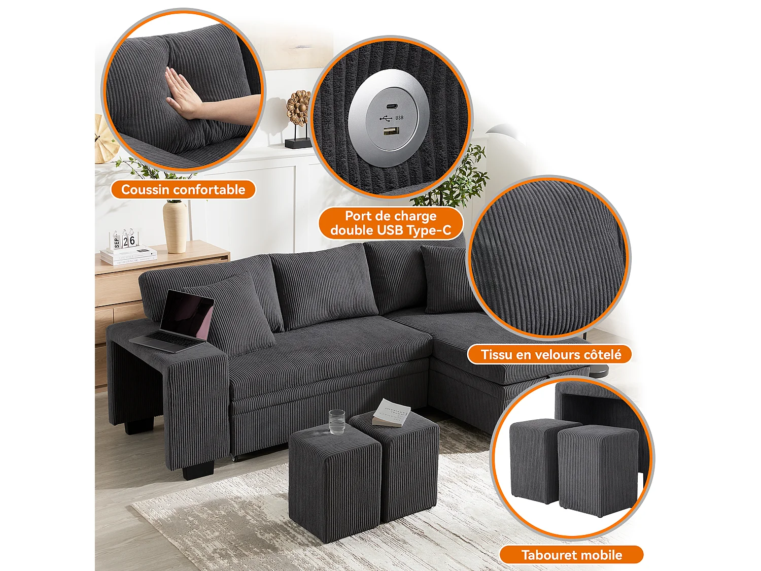 Canapé d’angle réversible convertible 3-4 places 231 cm en velours côtelé gris foncé - coffre et USB/USB-C