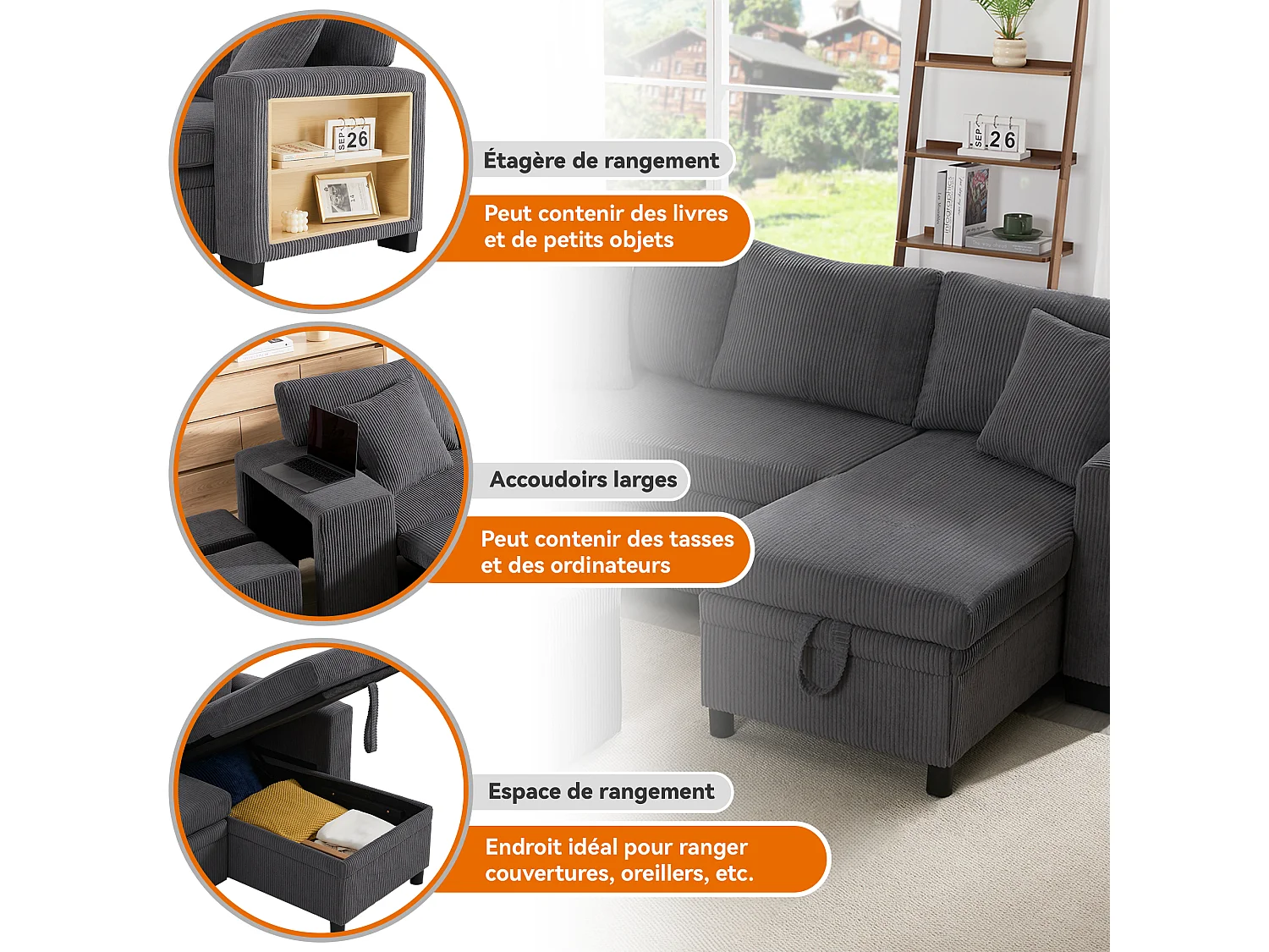 Canapé d’angle réversible convertible 3-4 places 231 cm en velours côtelé gris foncé - coffre et USB/USB-C