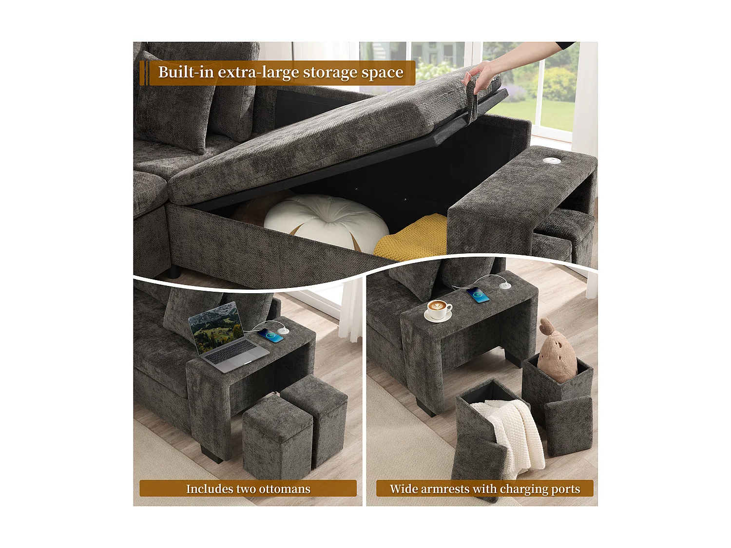 Canapé d’angle convertible 5 places en chenille gris foncé avec coffre, USB et méridienne réversible